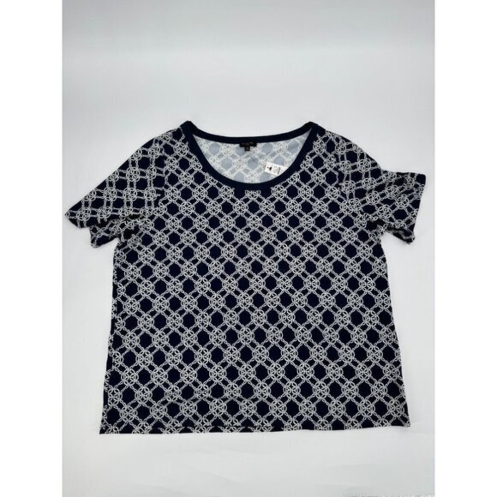 Talbots Plus Womens Top 2X Geometric Blue Blouse Short Sleeves Stretchy Casual